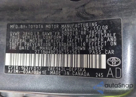 2009 Toyota Corolla S from USA, damaged, VIN 2T1BU40E29C151361